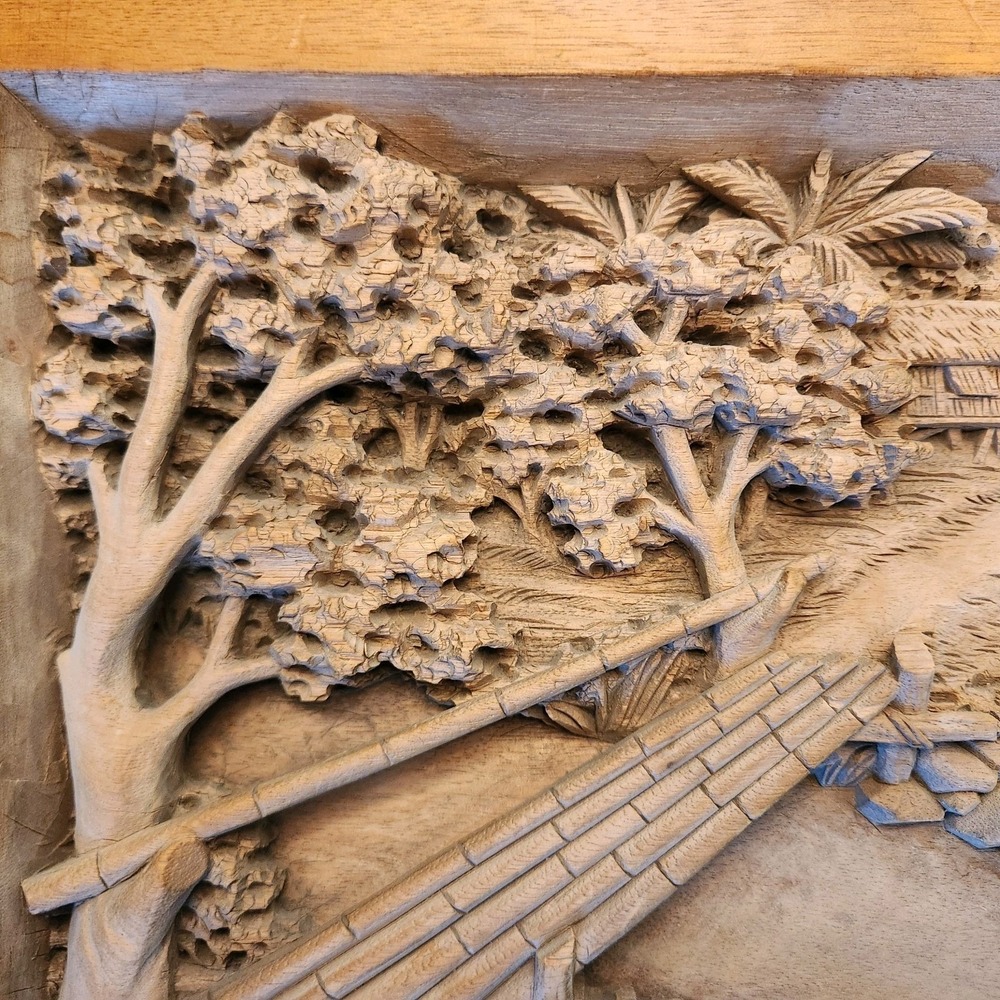 Southeast Asian Hand Carved Wood High Relief Pastoral Rustic Village Hut Scene - Picture 5 of 11